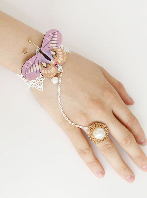 Rococo Purple Butterfly Bracelet And White Pearl Ring