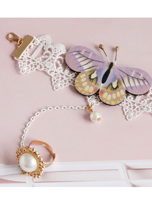 Rococo Purple Butterfly Bracelet And White Pearl Ring