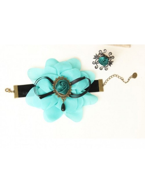 Blue Chiffon Floral Girls Lolita Bracelet And Ring Set