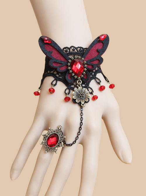 Gothic Black And Red Butterfly Girls Lolita Bracelet And Ring Set