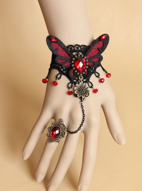 Gothic Black And Red Butterfly Girls Lolita Bracelet And Ring Set