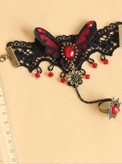 Gothic Black And Red Butterfly Girls Lolita Bracelet And Ring Set