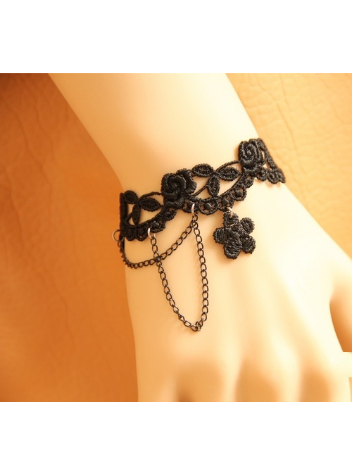 Beautiful Black Lace Girls Lolita Bracelet And Ring Set