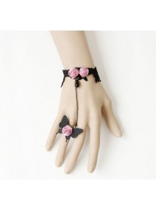 Charming Black Butterfly Pink Floral Lady Lolita Bracelet And Ring Set