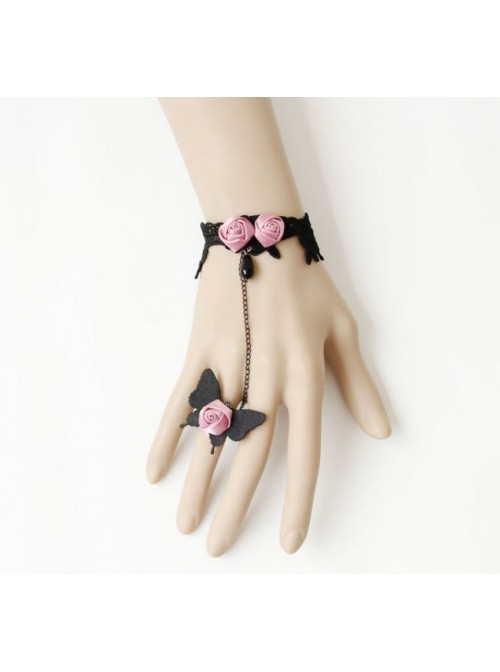 Charming Black Butterfly Pink Floral Lady Lolita Bracelet And Ring Set
