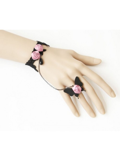 Charming Black Butterfly Pink Floral Lady Lolita Bracelet And Ring Set