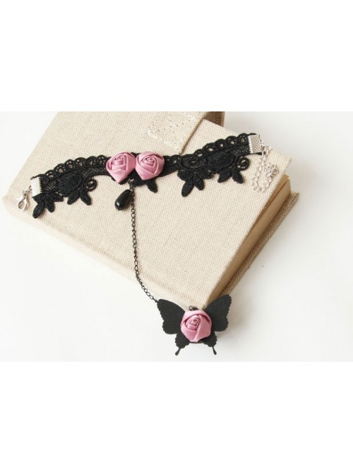 Charming Black Butterfly Pink Floral Lady Lolita Bracelet And Ring Set