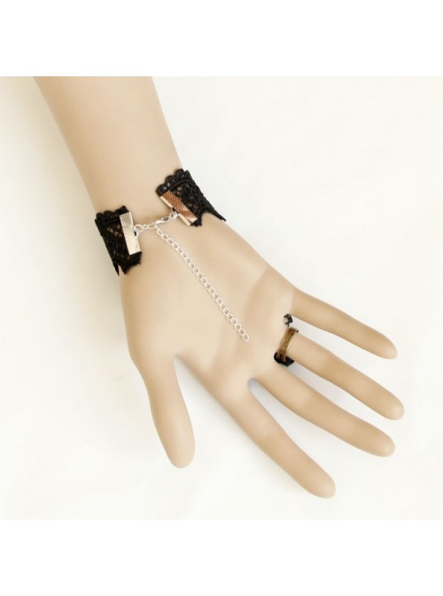 Black Rococo Rose Lady Handmade Lolita Bracelet And Ring Set