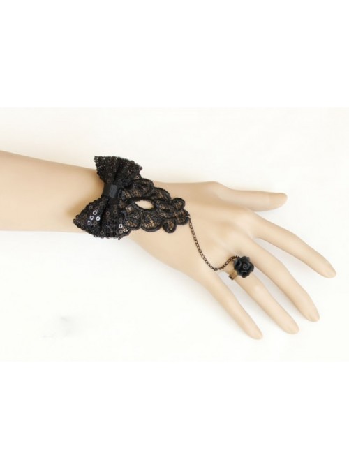Handmade Rococo Retro Black Bowknot Lolita Bracelet And Ring Set