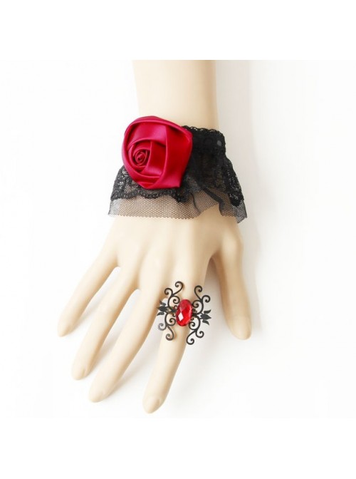 Gothic Exquisite Black Lace Red Rose Lolita Bracelet And Ring Set