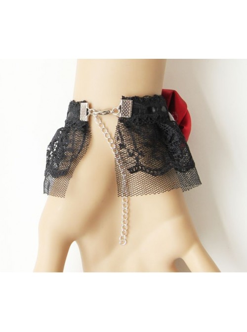 Gothic Exquisite Black Lace Red Rose Lolita Bracelet And Ring Set