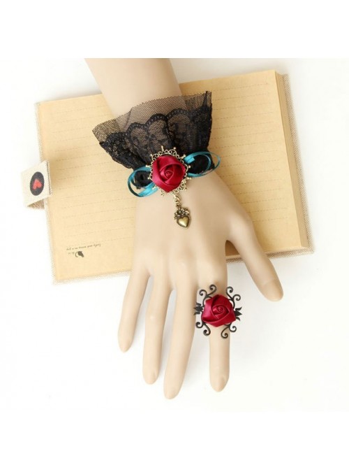 Elegant Concise Black Lace Red Rose Lolita Bracelet And Ring Set