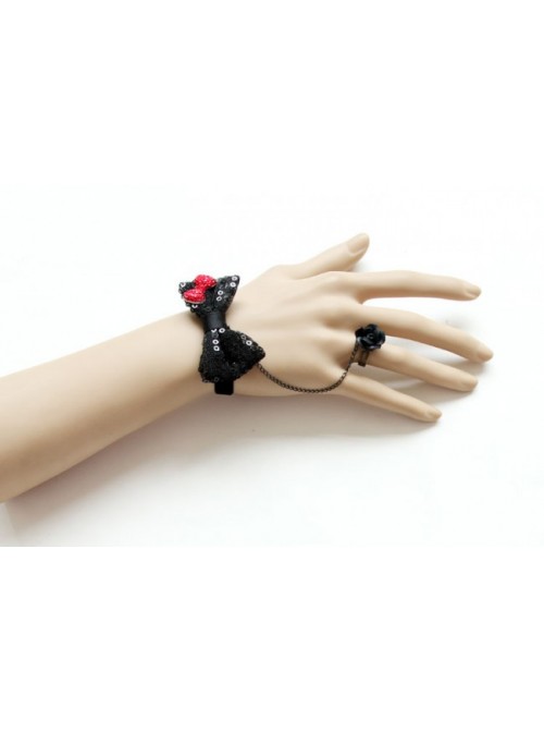 Cute Black Bowknot Lolita Bracelet And Ring Set