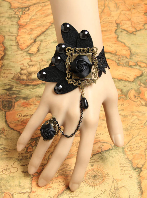 Black Butterfly Lace Black Ribbon Rose Gothic Bracelet And Ring