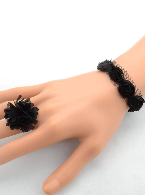 Black Lace Flower Girls Lolita Bracelet And Ring Set