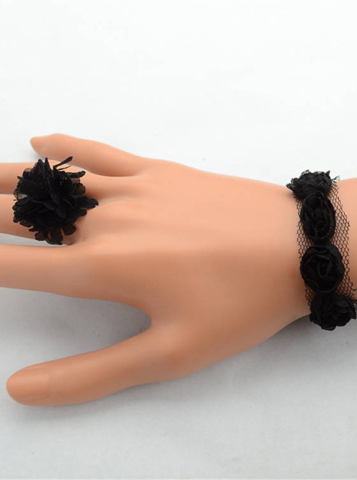 Black Lace Flower Girls Lolita Bracelet And Ring Set