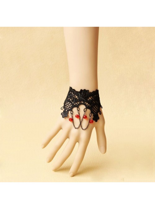 Retro Black Lace Red Bead Lady Lolita Wrist Strap