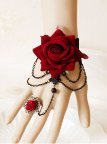 Gothic Black Lace Red Rose Lolita Wrist Strap And Ring Suit
