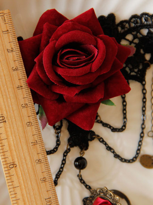 Gothic Black Lace Red Rose Lolita Wrist Strap And Ring Suit