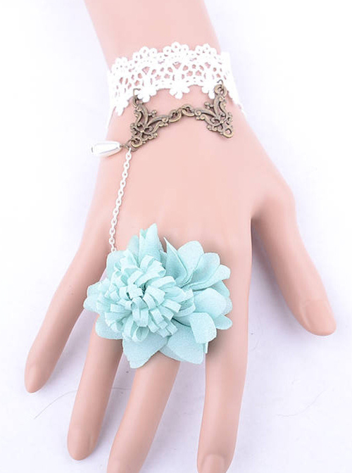 Blue Flower White Lace Lolita Bracelet And Ring Set