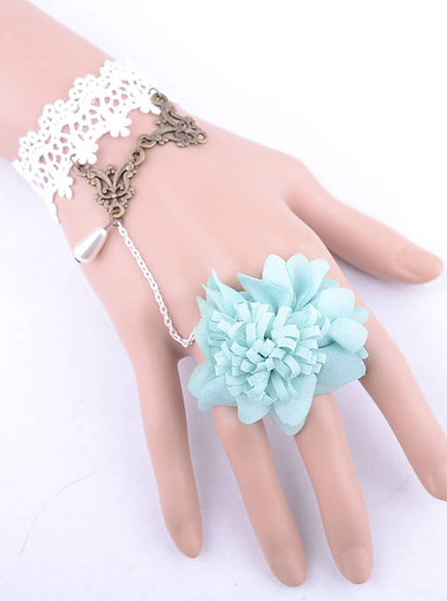 Blue Flower White Lace Lolita Bracelet And Ring Set