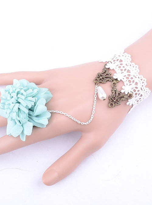 Blue Flower White Lace Lolita Bracelet And Ring Set