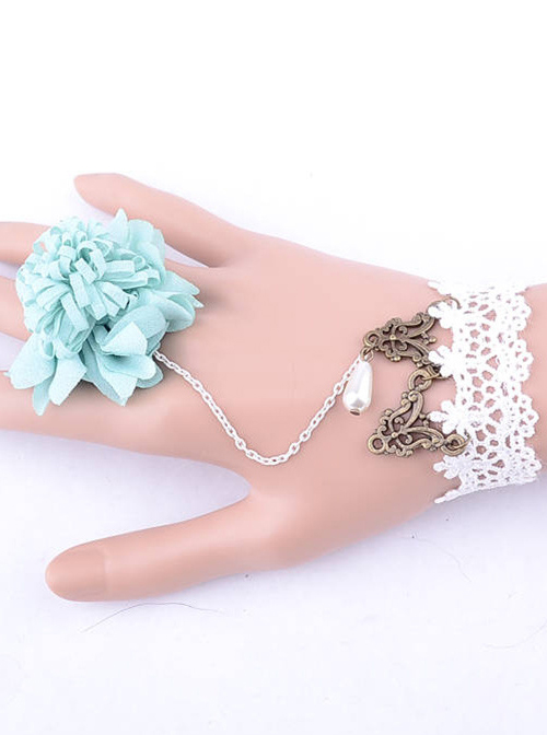 Blue Flower White Lace Lolita Bracelet And Ring Set