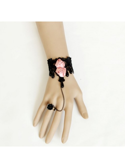 Black Lace Victorian Rose Lolita Bracelet And Ring Set