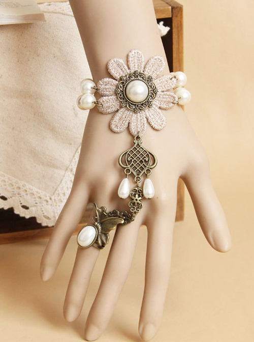 Vintage Flower Pearl Lace Lolita Bracelet And Ring