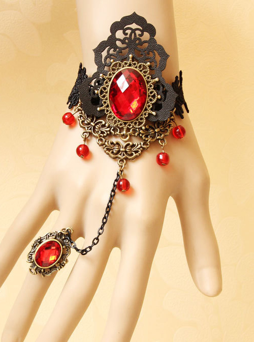 Black Lace Fashion Red Crystal Lady Lolita Wrist Strap And Ring Suit