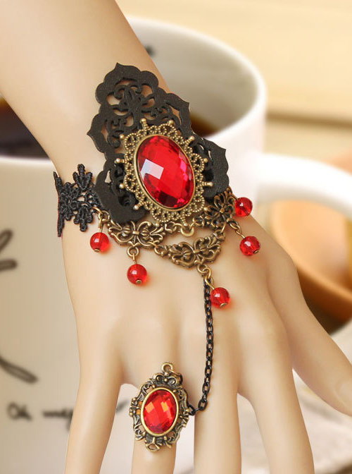 Black Lace Fashion Red Crystal Lady Lolita Wrist Strap And Ring Suit