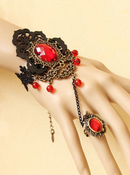 Black Lace Fashion Red Crystal Lady Lolita Wrist Strap And Ring Suit