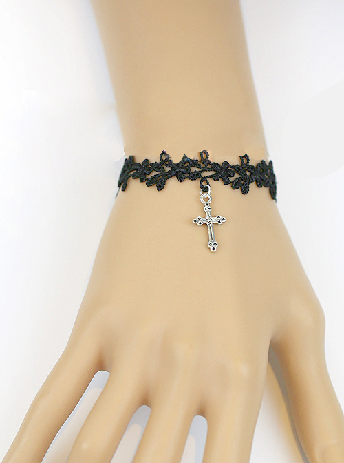 Sweet Black Lace Silver Crucifix Girls Lolita Wrist Strap