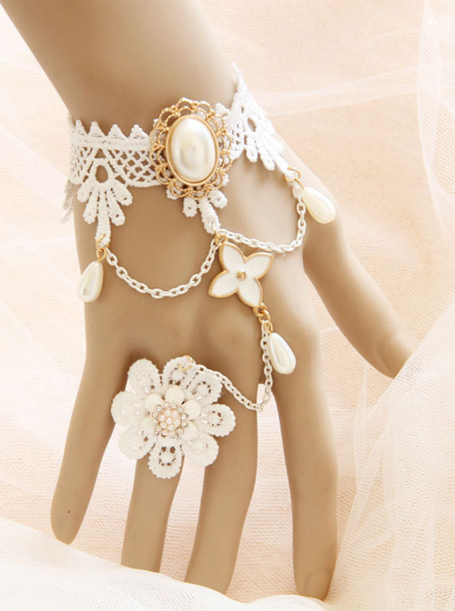 White Lace Palace Pearl Bride Lolita Wrist Strap And Finger Ring