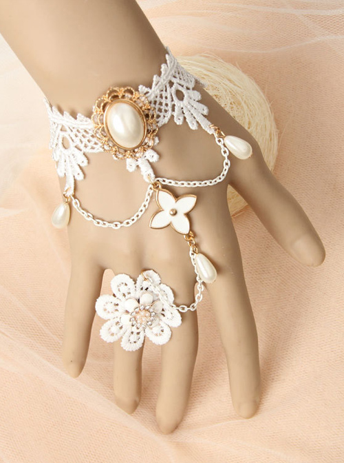 White Lace Palace Pearl Bride Lolita Wrist Strap And Finger Ring