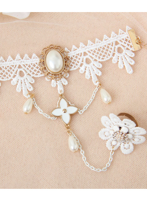 White Lace Palace Pearl Bride Lolita Wrist Strap And Finger Ring