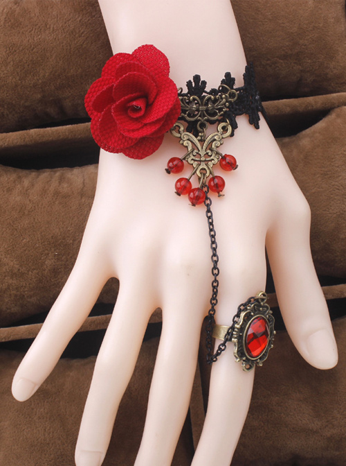 Retro Rose Lace Fashion Lady Lolita Wrist Strap And Ring Suit