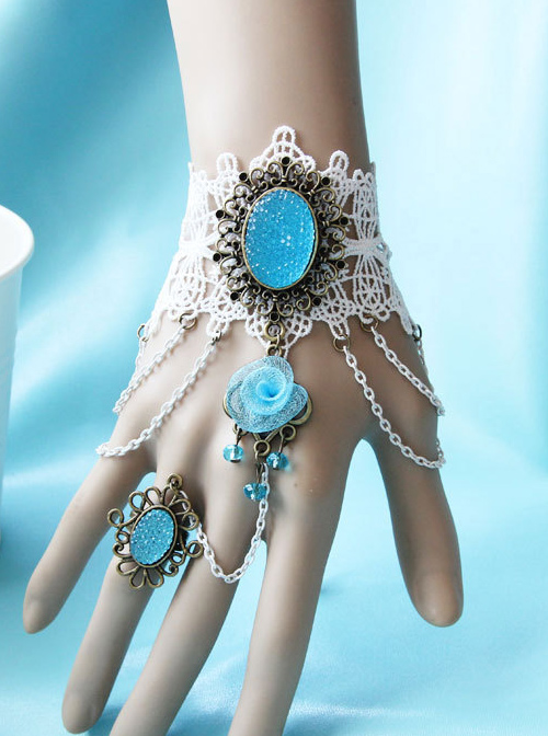 White Lace Blue Crystal Girls Lolita Bracelet And Ring Set