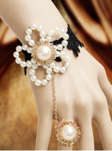 Pearl Flower Black Lace Lolita Bracelet And Ring Set
