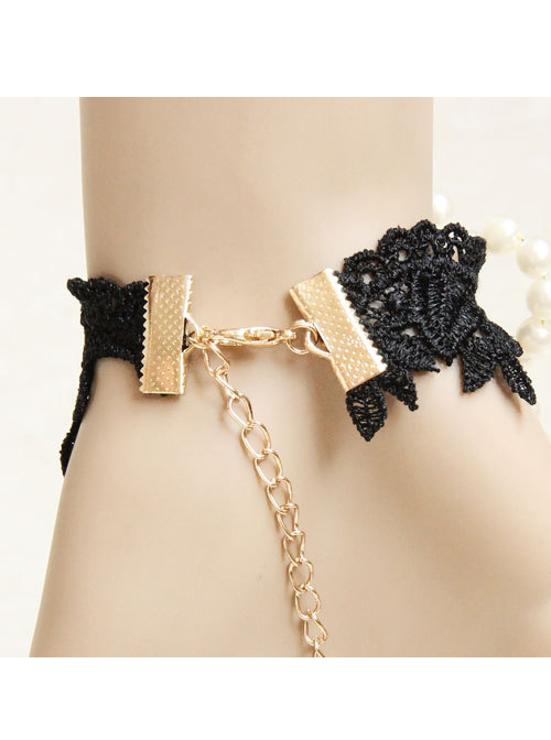 Pearl Flower Black Lace Lolita Bracelet And Ring Set