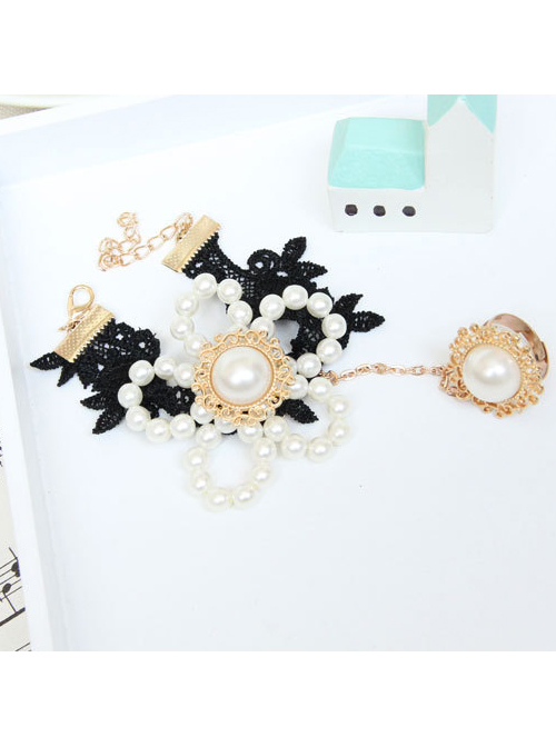 Pearl Flower Black Lace Lolita Bracelet And Ring Set