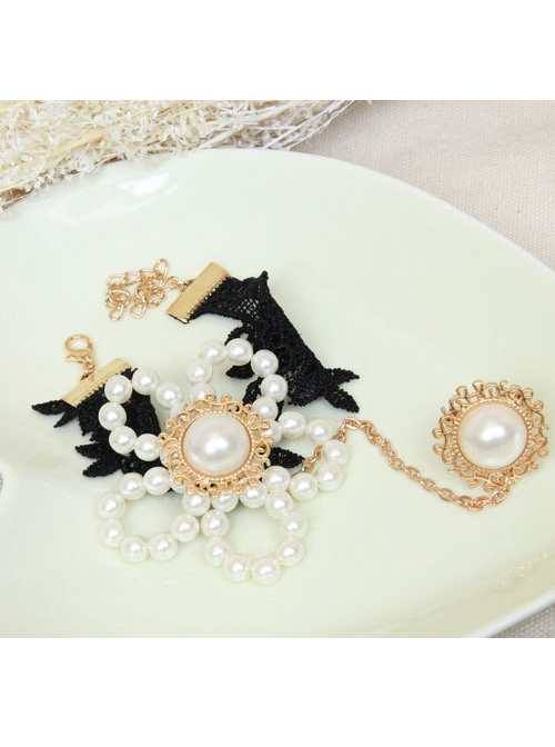 Pearl Flower Black Lace Lolita Bracelet And Ring Set