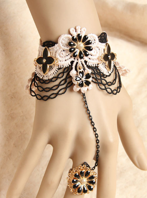 Black Lace Flowers Lolita Bracelet And Ring Set