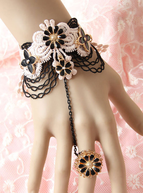 Black Lace Flowers Lolita Bracelet And Ring Set