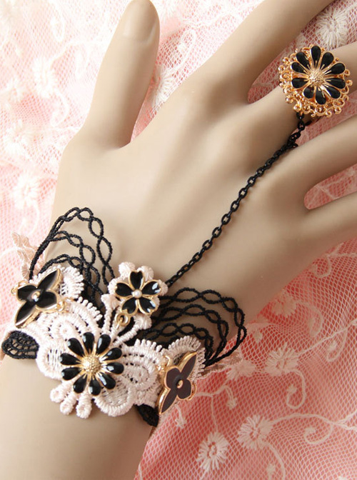 Black Lace Flowers Lolita Bracelet And Ring Set