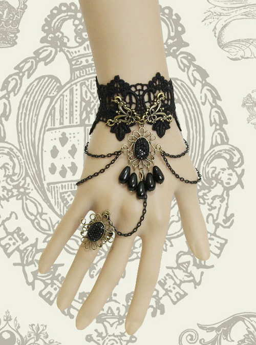 Gothic Black Lace Resin Rhinestones Pendant Lolita Wrist Strap