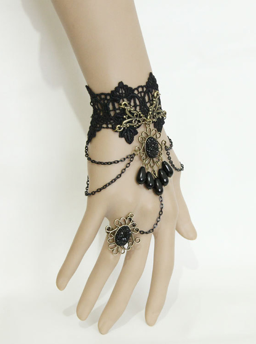 Gothic Black Lace Resin Rhinestones Pendant Lolita Wrist Strap