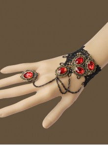 Black Lace Red Gems Lolita Wrist Strap And Ring