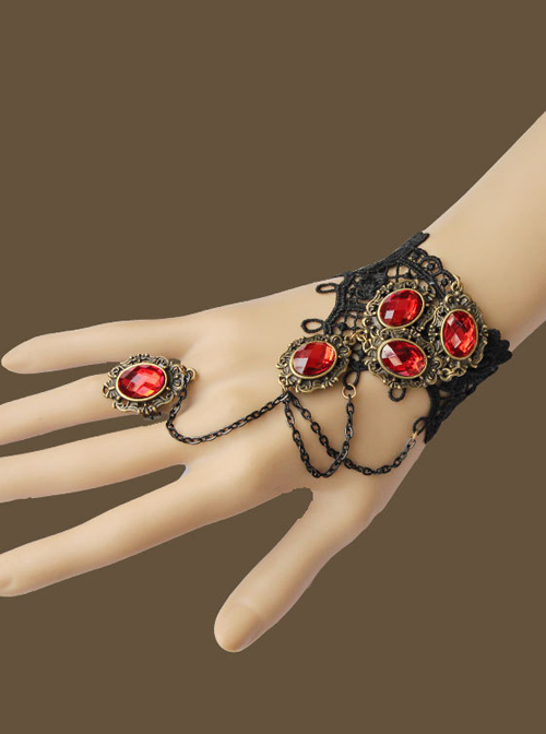 Black Lace Red Gems Lolita Wrist Strap And Ring