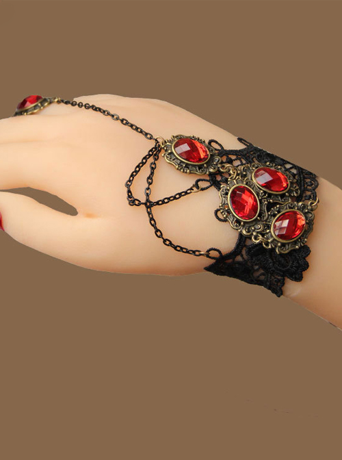 Black Lace Red Gems Lolita Wrist Strap And Ring